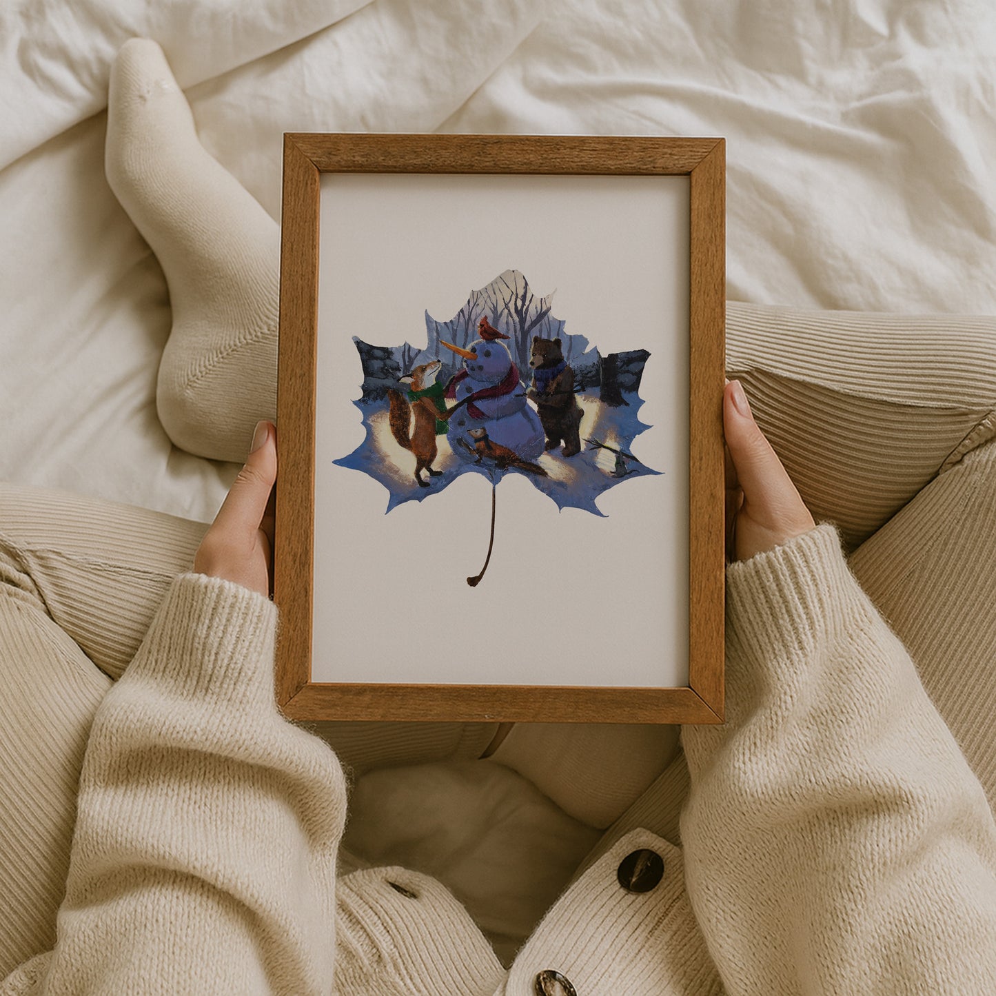 whimsical woodland wall art, winter forest scene print, cozy nature art, holiday gift for nature lovers