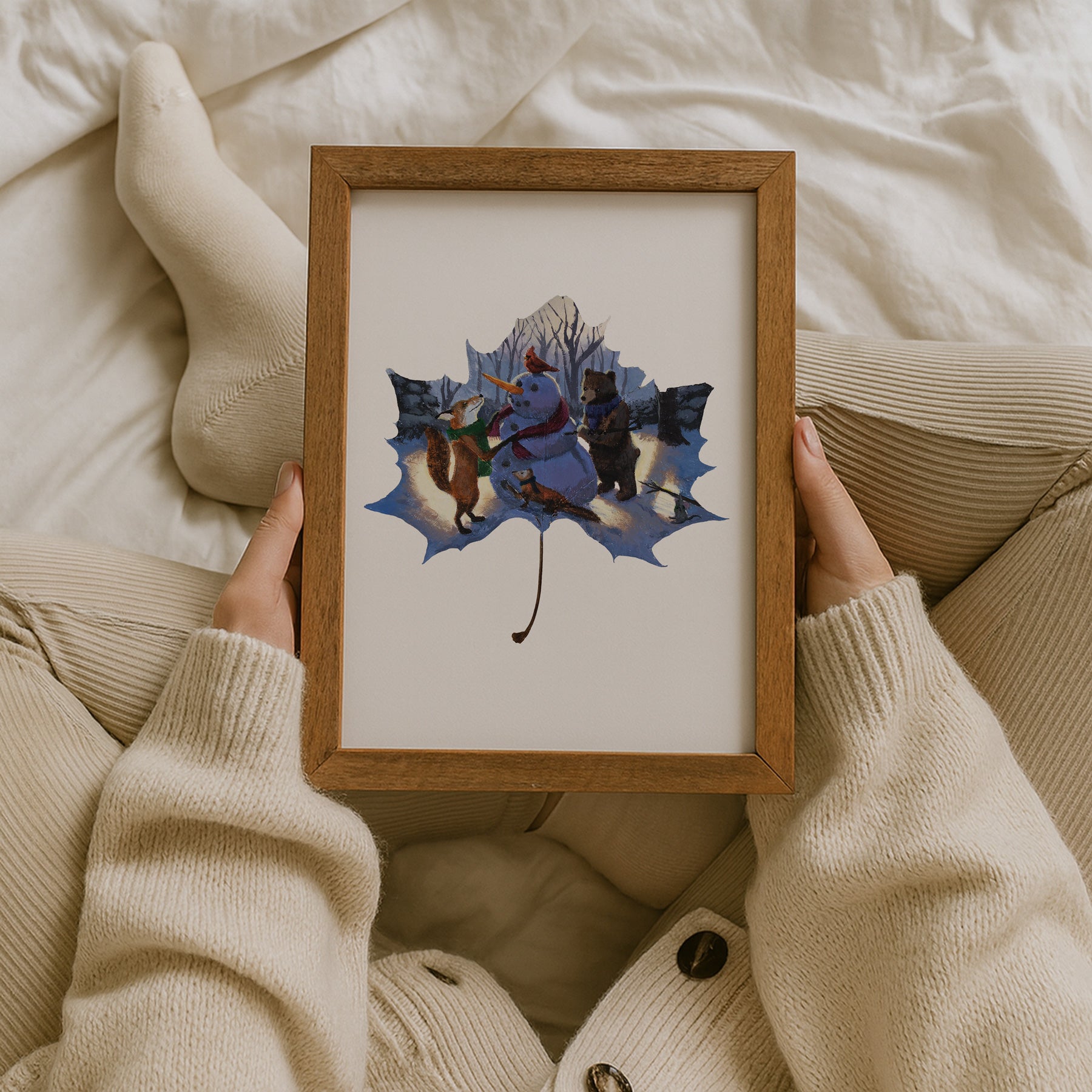 whimsical woodland wall art, winter forest scene print, cozy nature art, holiday gift for nature lovers