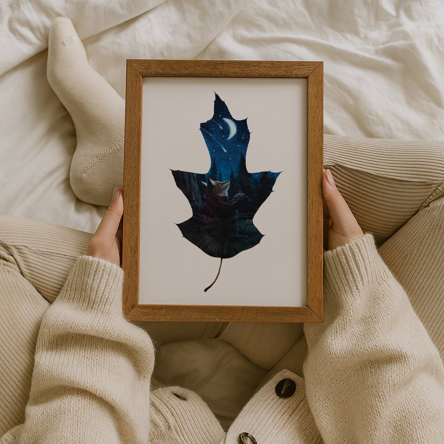 cozy animal art, fox art print, forest night art print