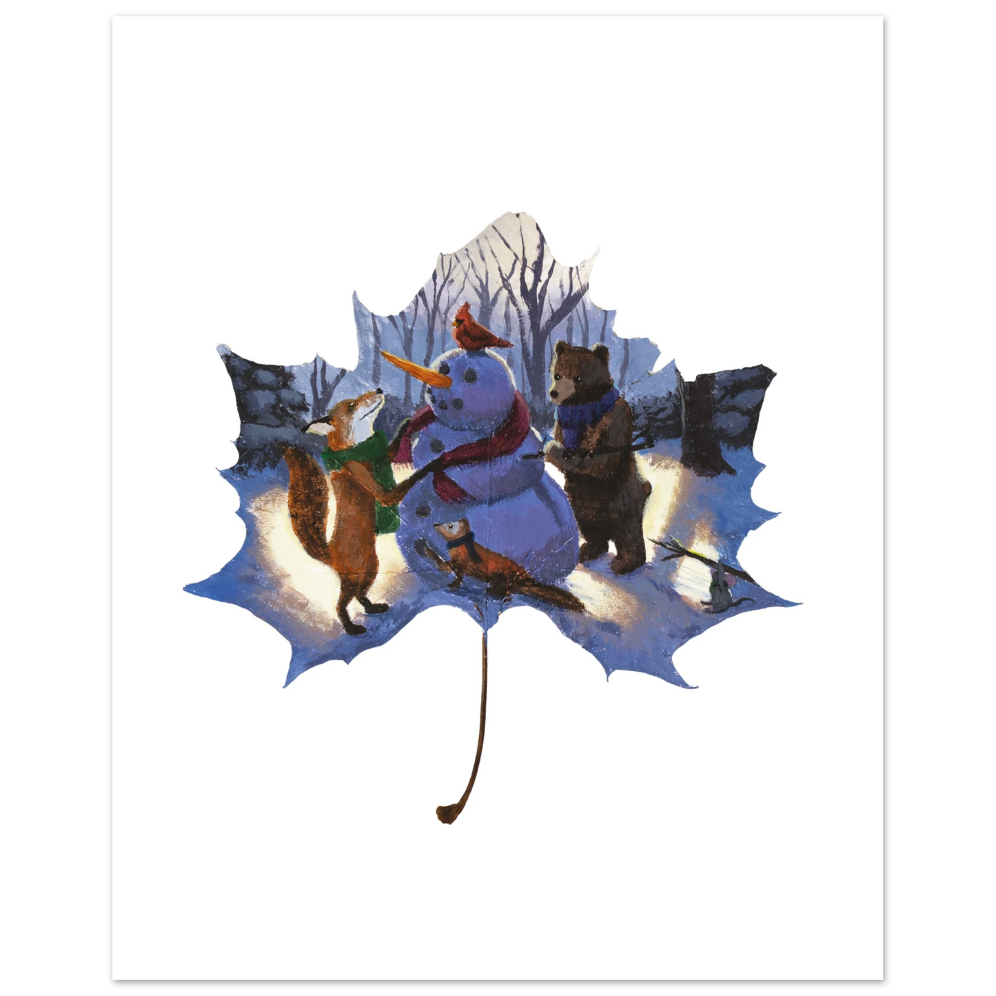 whimsical woodland wall art, winter forest scene print, cozy nature art, holiday gift for nature lovers