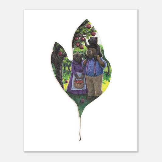 8x10 print of Apple Picking. Bear family picking apples at an orchard.