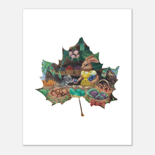 8x10 print of Bushel of Kindness. A generous rabbit feeds a baby mouse from her market goods.