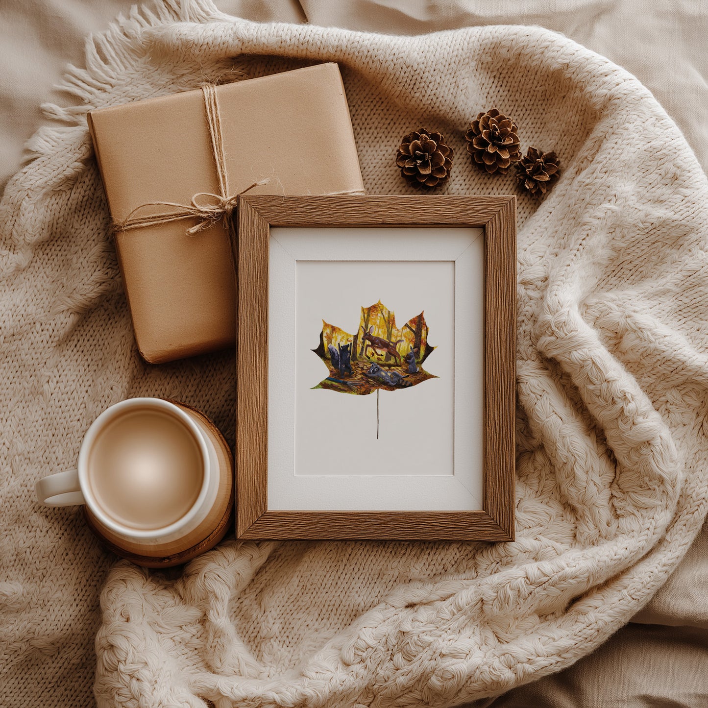 A cozy forest scene of deer, raccoon, bunny & skunk playing in leaves. Fine art giclée print on eco-friendly matte paper