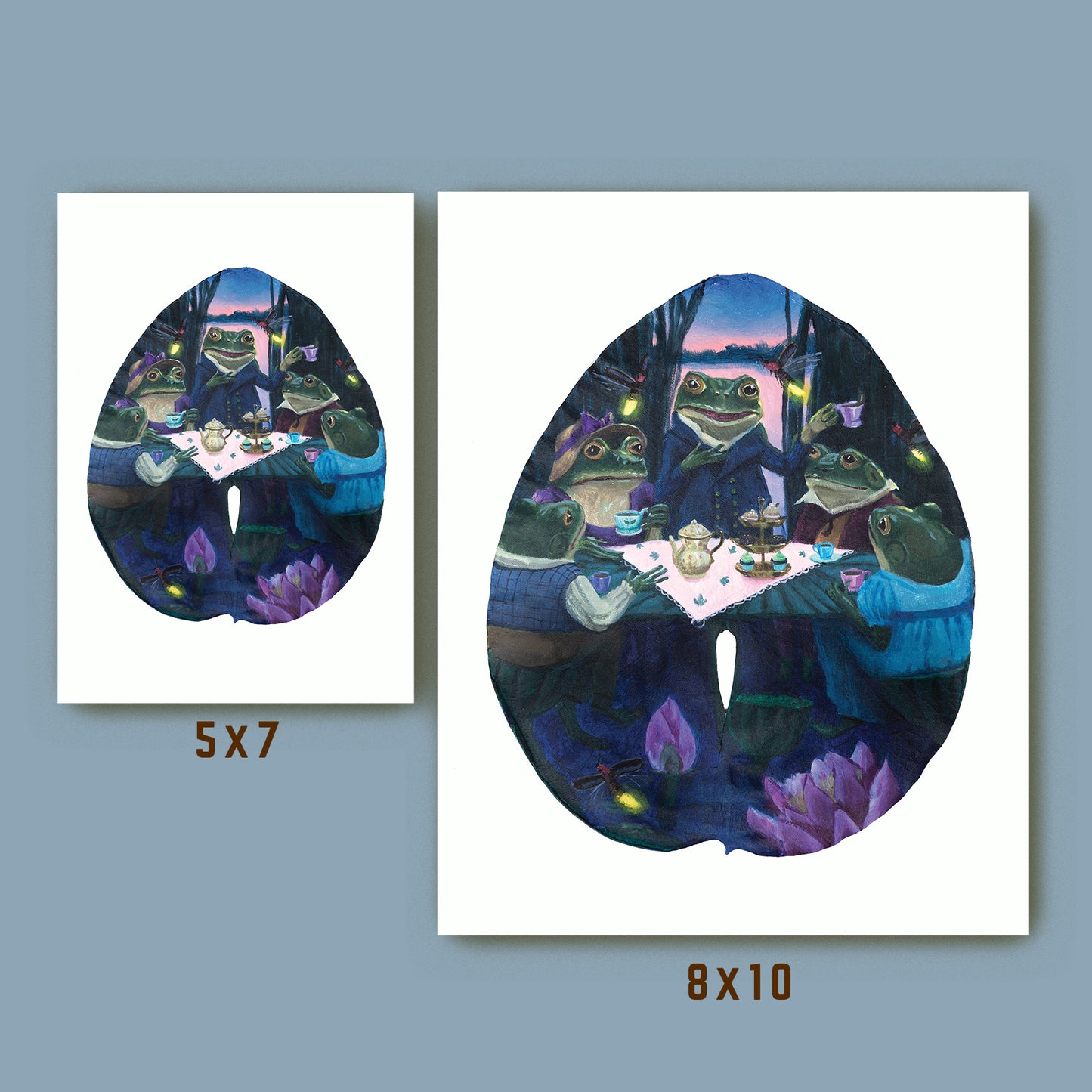 whimsical frog art print size comparison 5x7 and 8x10