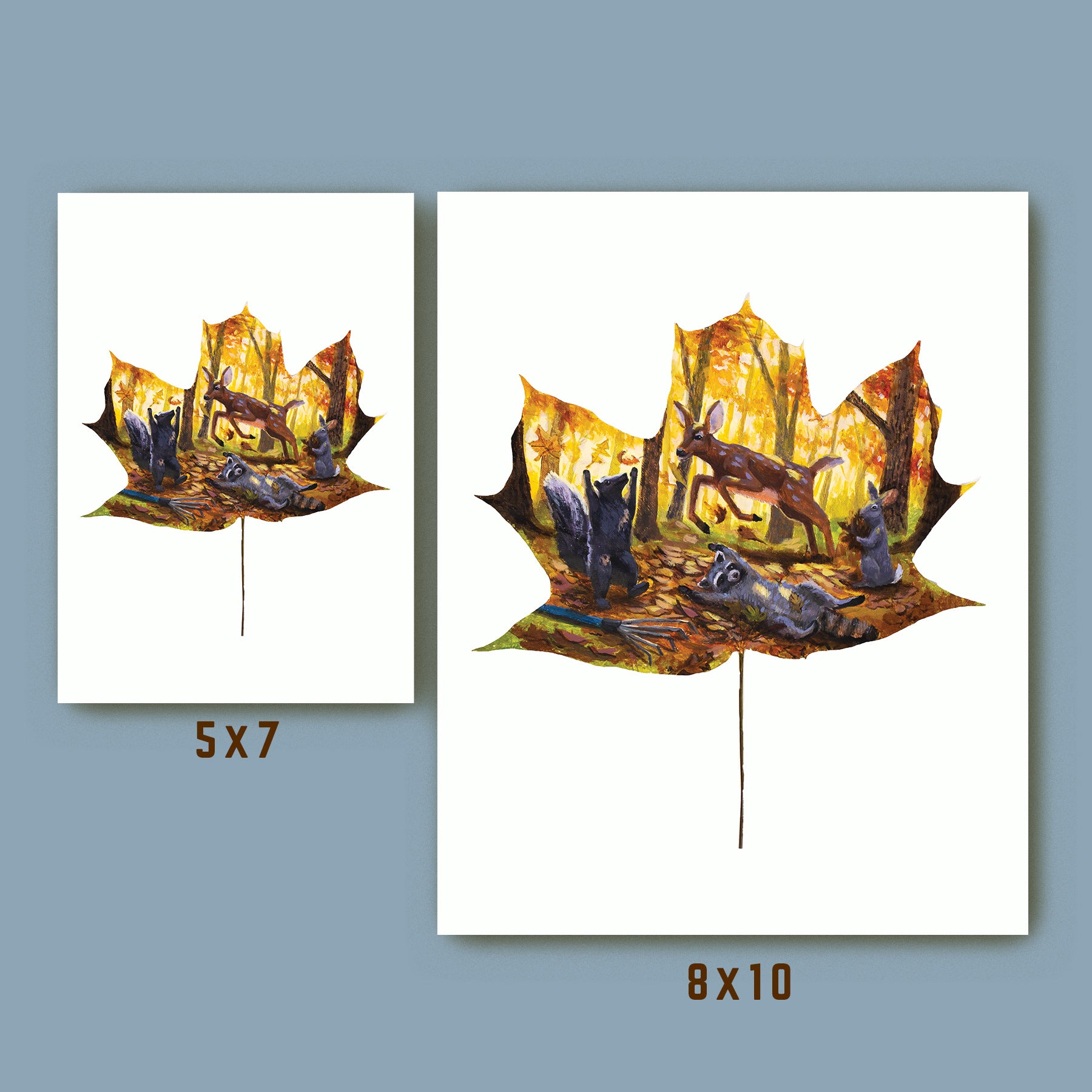 whimsical woodland animal art print, 5x7 and 8x10 size comparison