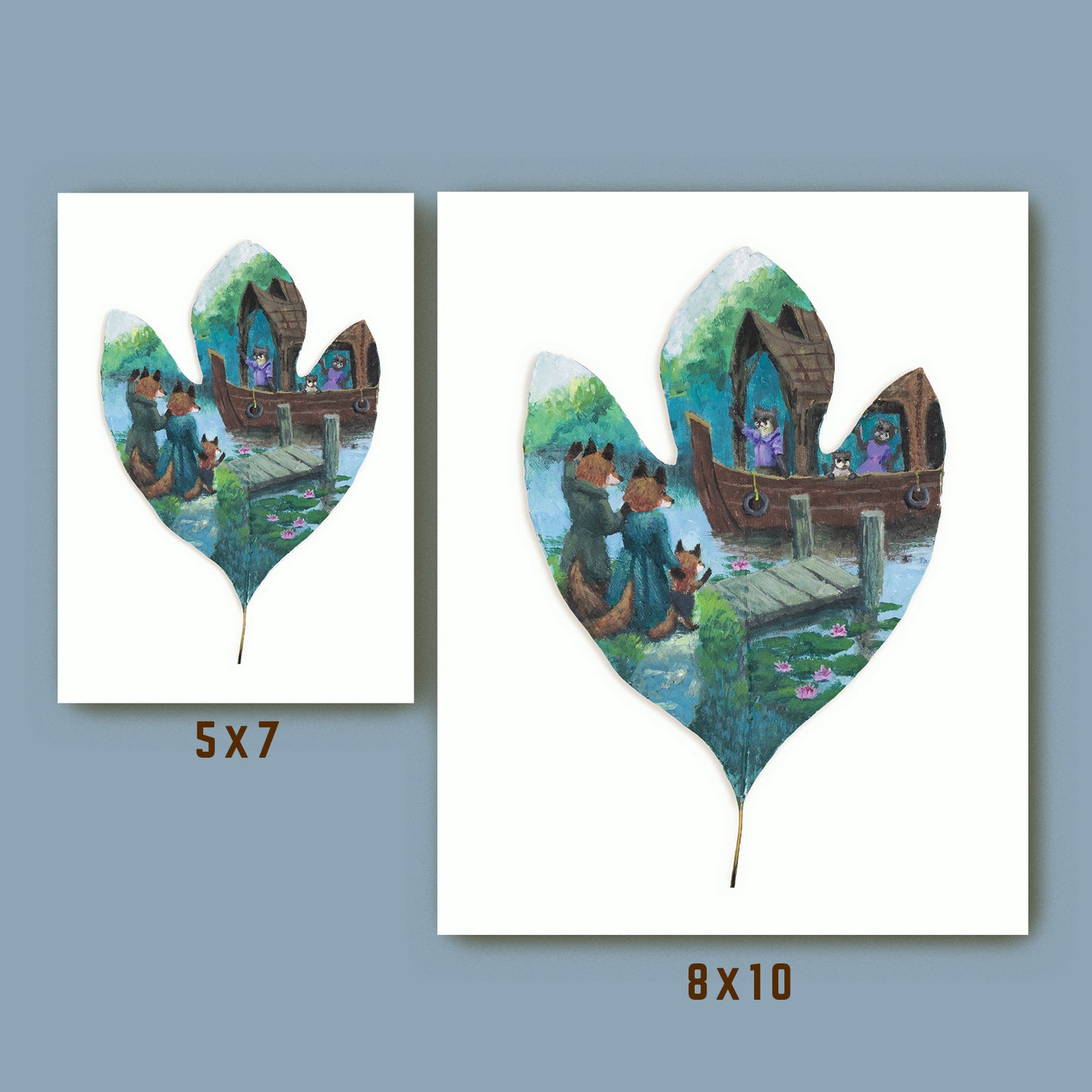 otter and fox art print size comparison 5x7 and 8x10