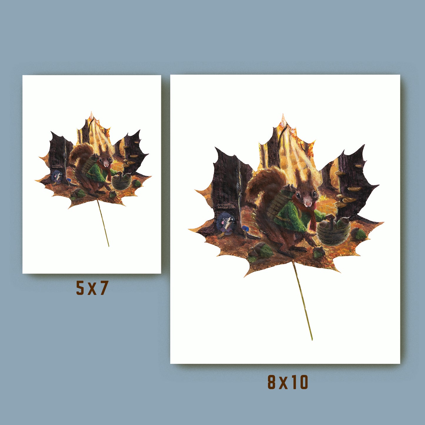 squirrel art print size comparison of 5x7 and 8x10 print