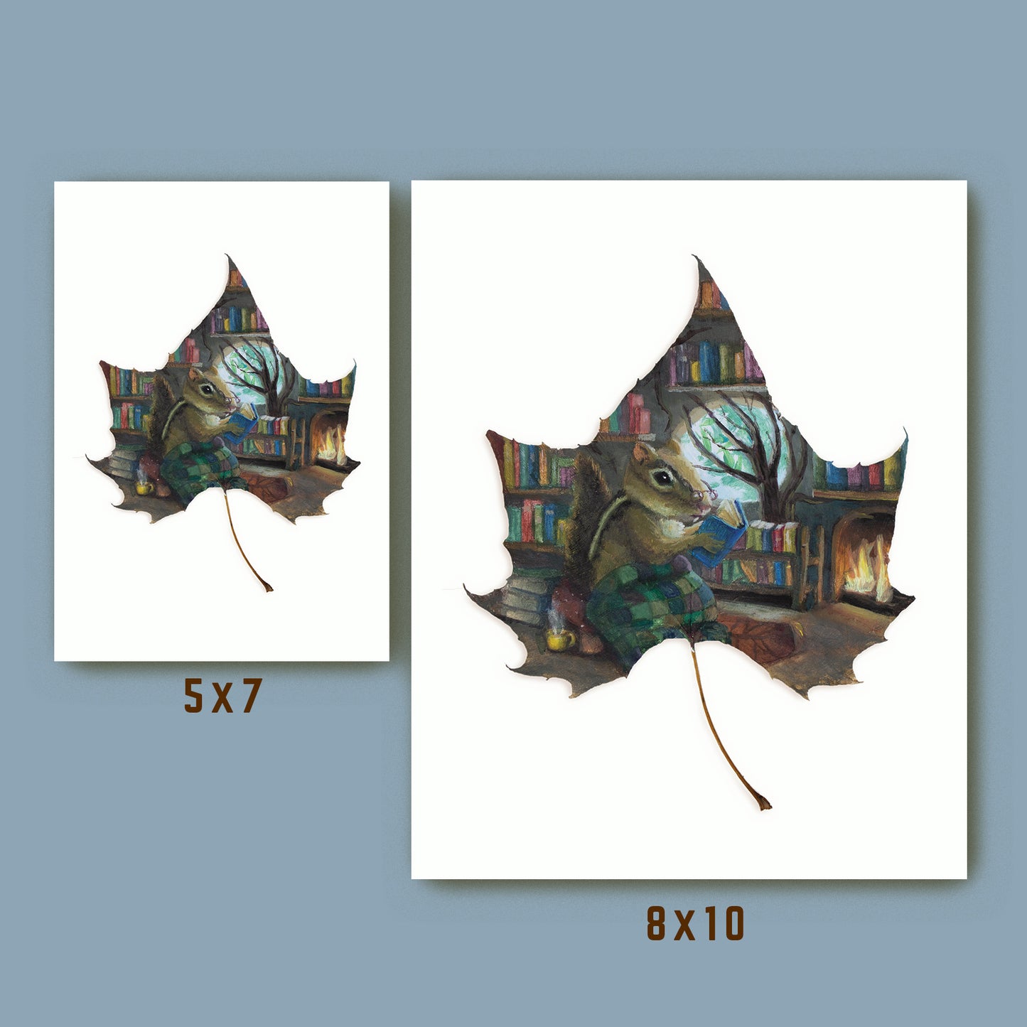 cozy woodland animal art print size comparison 5x7 and 8x10