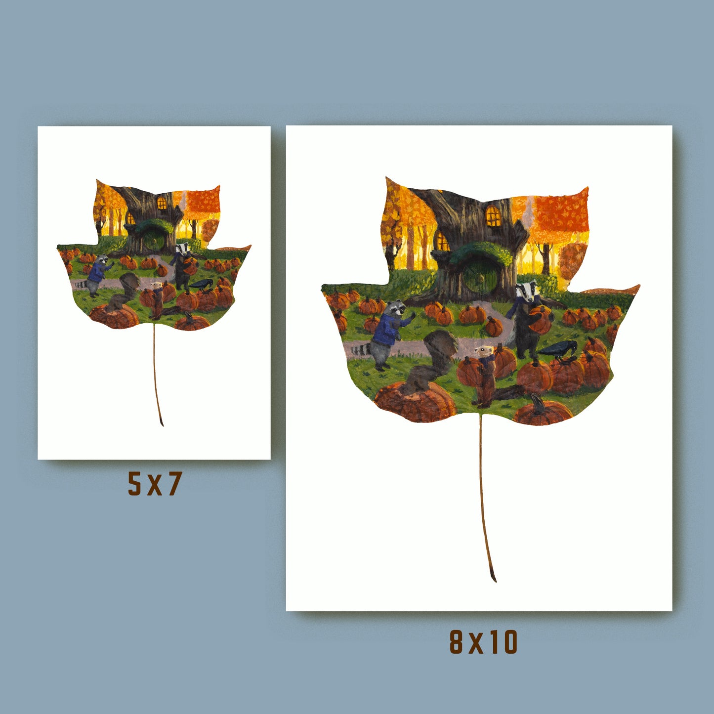 woodland fall art print, pumpkin decor, size comparison of 5x7 and 8x10