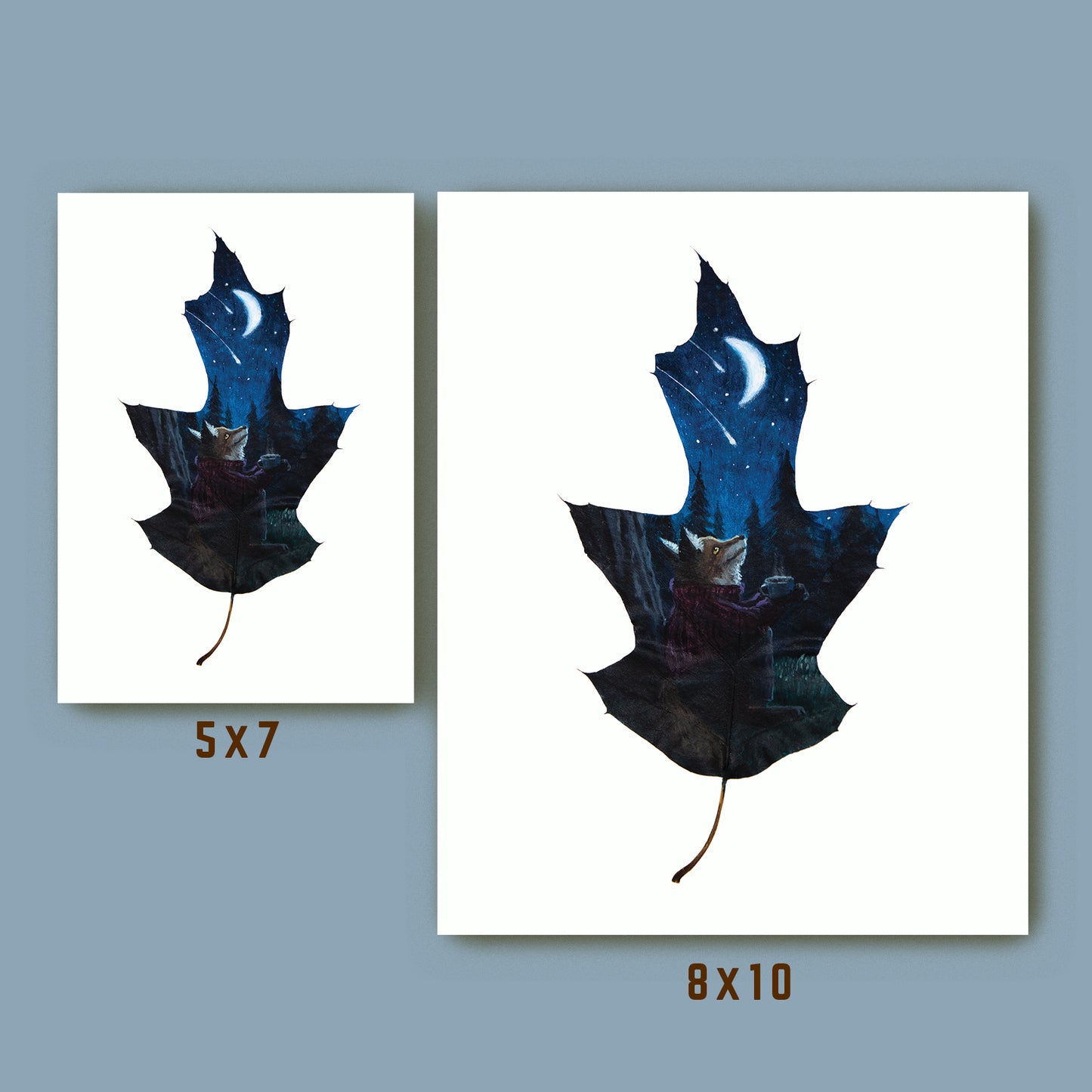 fox art print, cozy animal art size comparison of 5x7 and 8x10