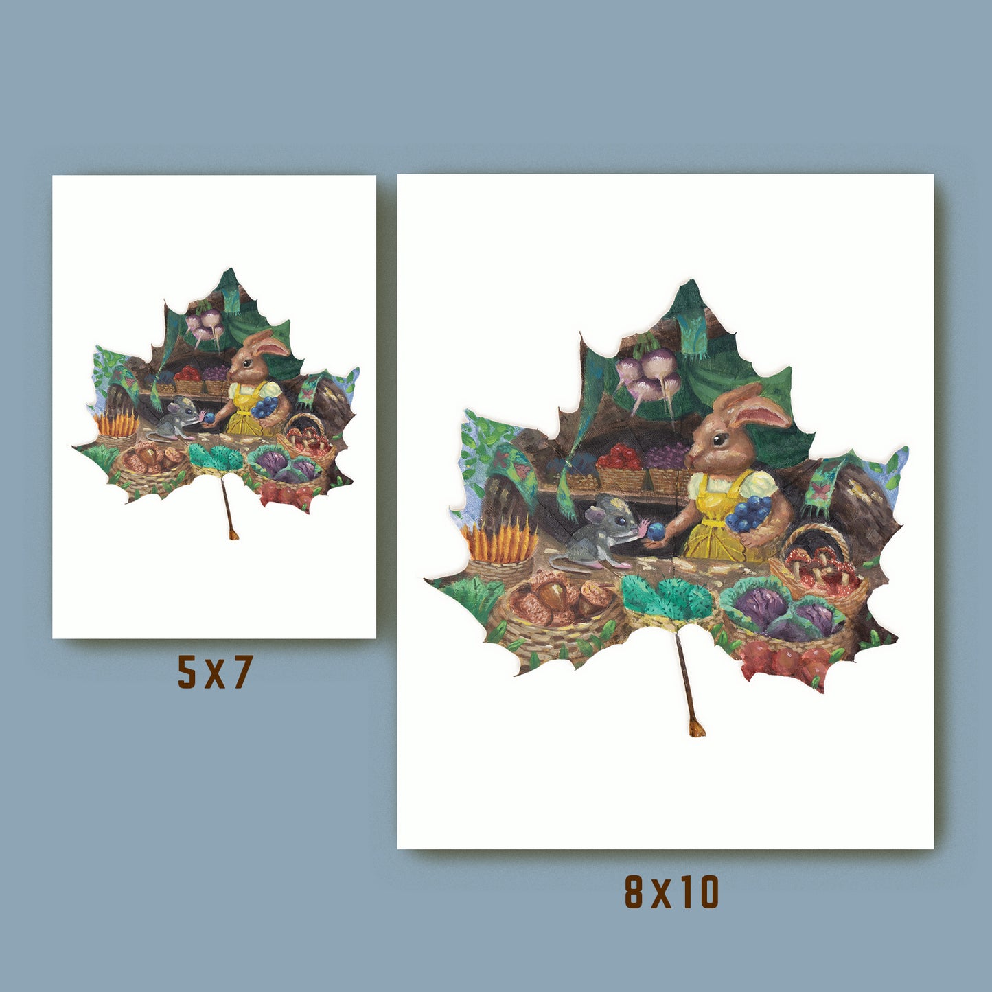 cozy rabbit wall art print size comparison 5x7 and 8x10