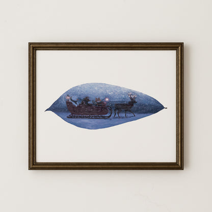 art print of woodland animals in a sleigh in a snowy setting in a frame