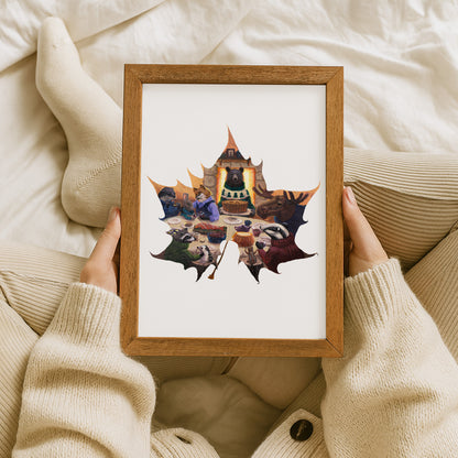 Framed artwork of a leaf with various woodland animals inside, held by hands against a beige fabric background.