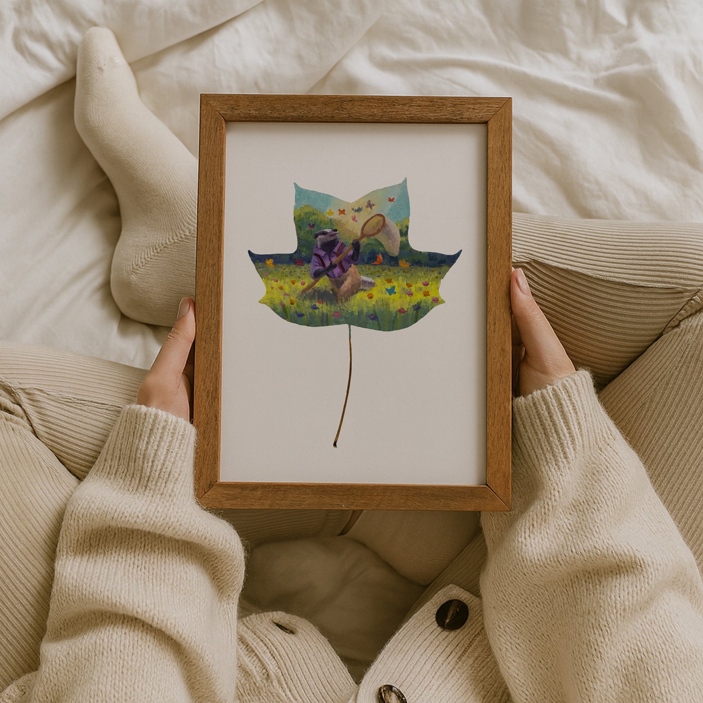 woodland animal art print, whimsical badger art