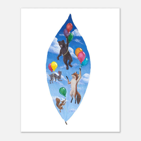 Leaf-shaped artwork with animals holding balloons against a blue sky background