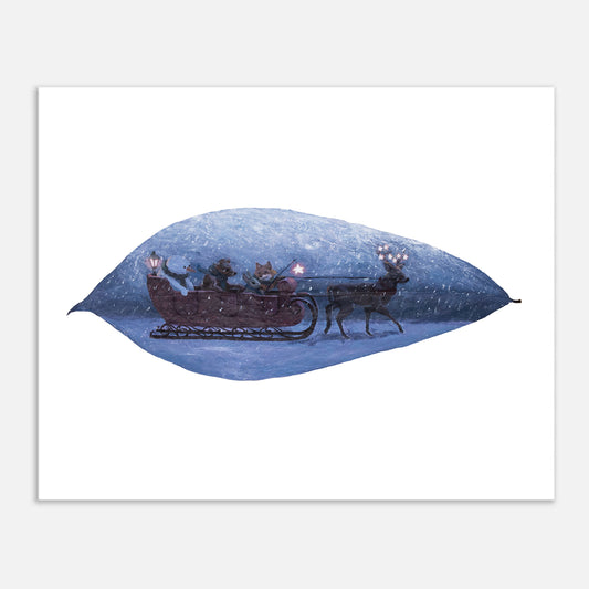 art print of woodland animals in a sleigh in a snowy setting