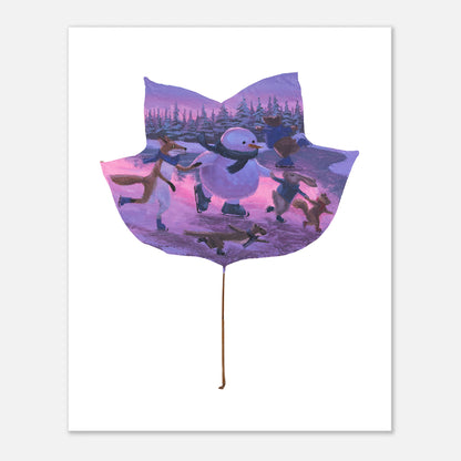 Art print of a leaf with a winter scene of animals and a snowman on a purple background.