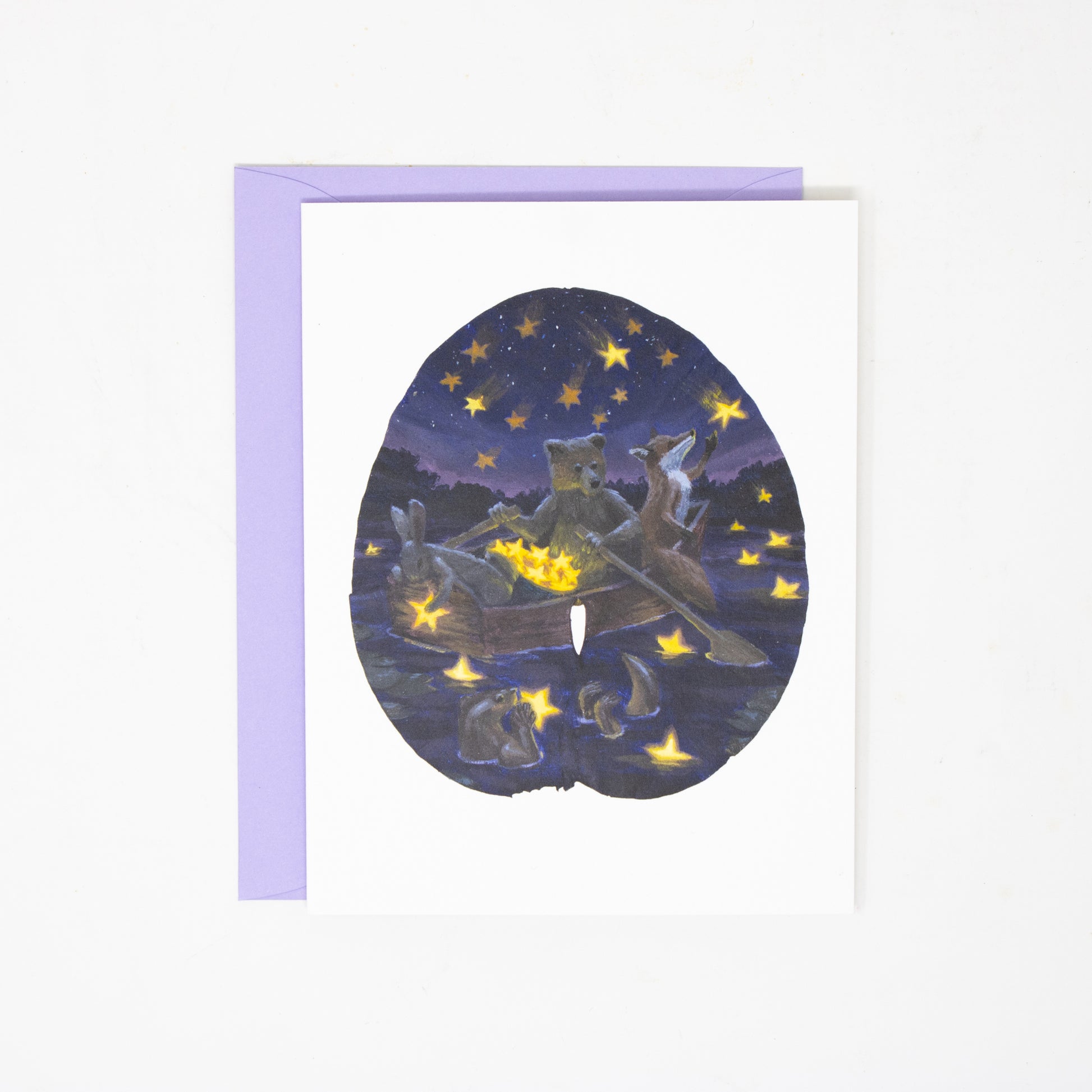 greeting card with a lavender envelope with a whimsical painting of a bear, rabbit, fox, and otter