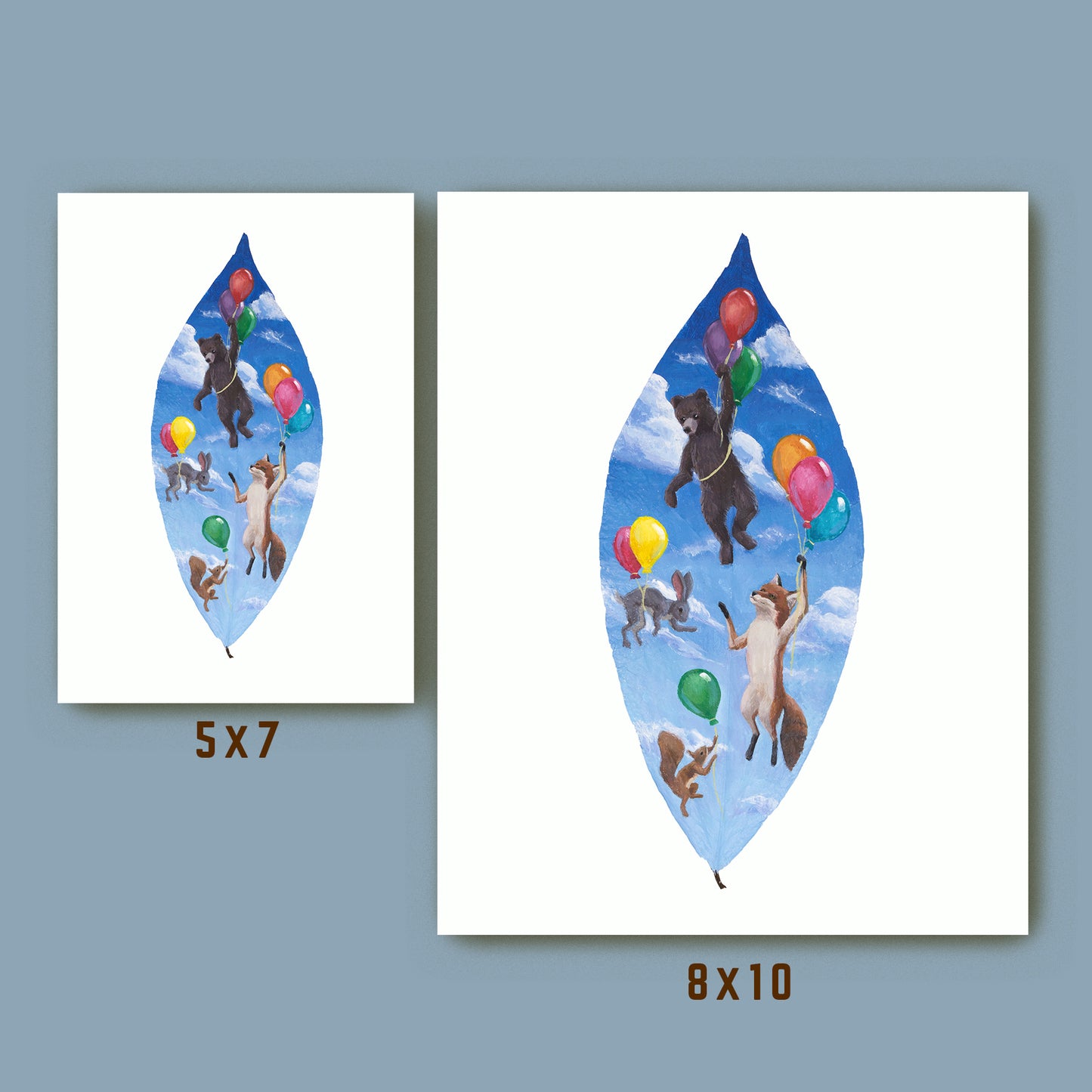 Two leaf-shaped prints with animal illustrations and balloons on a blue background.