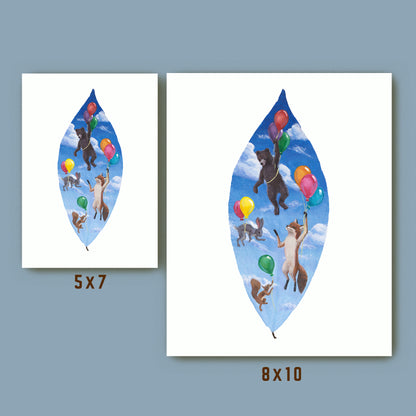 Two leaf-shaped prints with animal illustrations and balloons on a blue background.