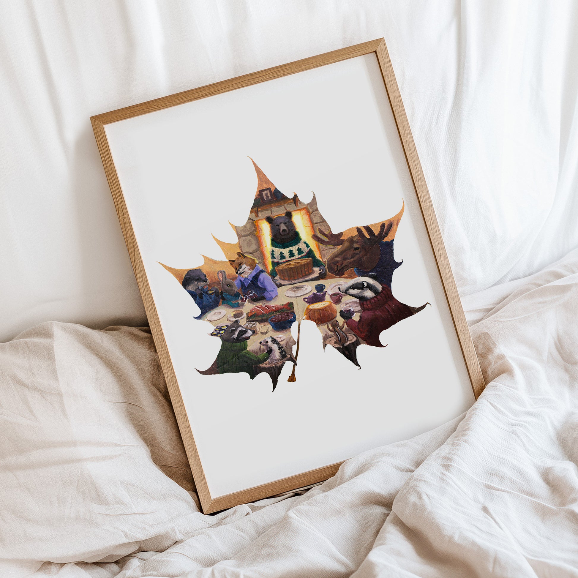 Framed artwork of a bear and woodland animals on a white background