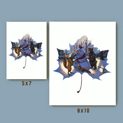 whimsical woodland wall art, winter forest scene print, size comparison of 5x7 and 8x10 print