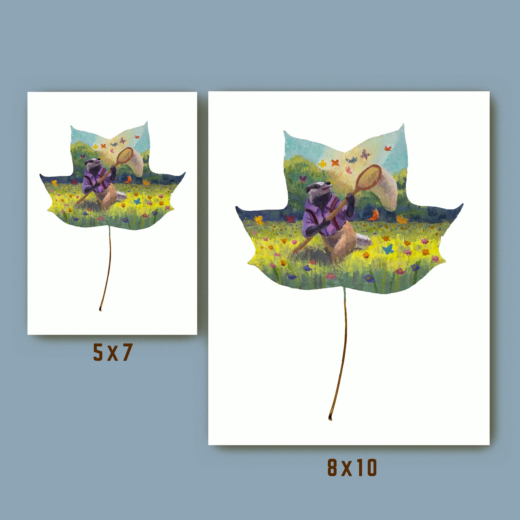 woodland animal art print, whimsical badger art size comparison 5x7 and 8x10