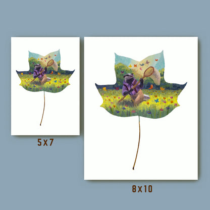 woodland animal art print, whimsical badger art size comparison 5x7 and 8x10