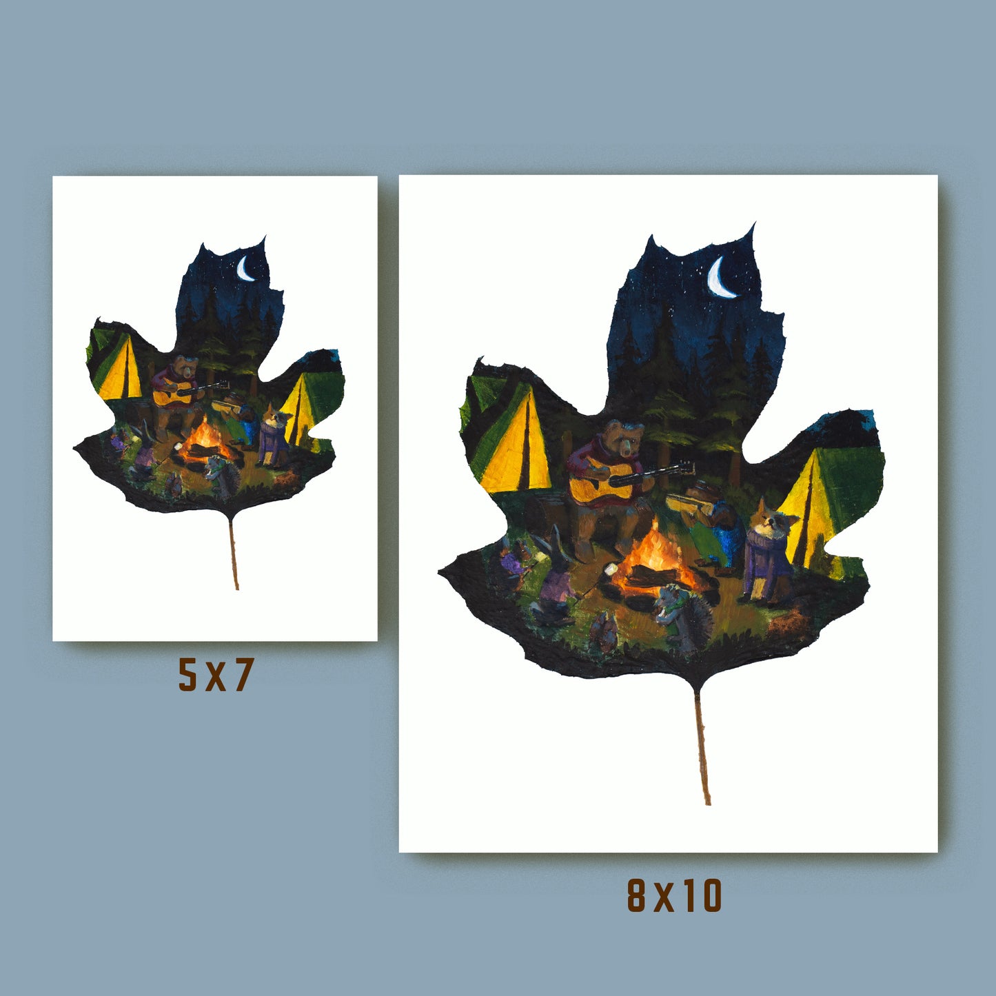 woodland animal art print, cozy camping wall art size comparison 5x7 and 8x10