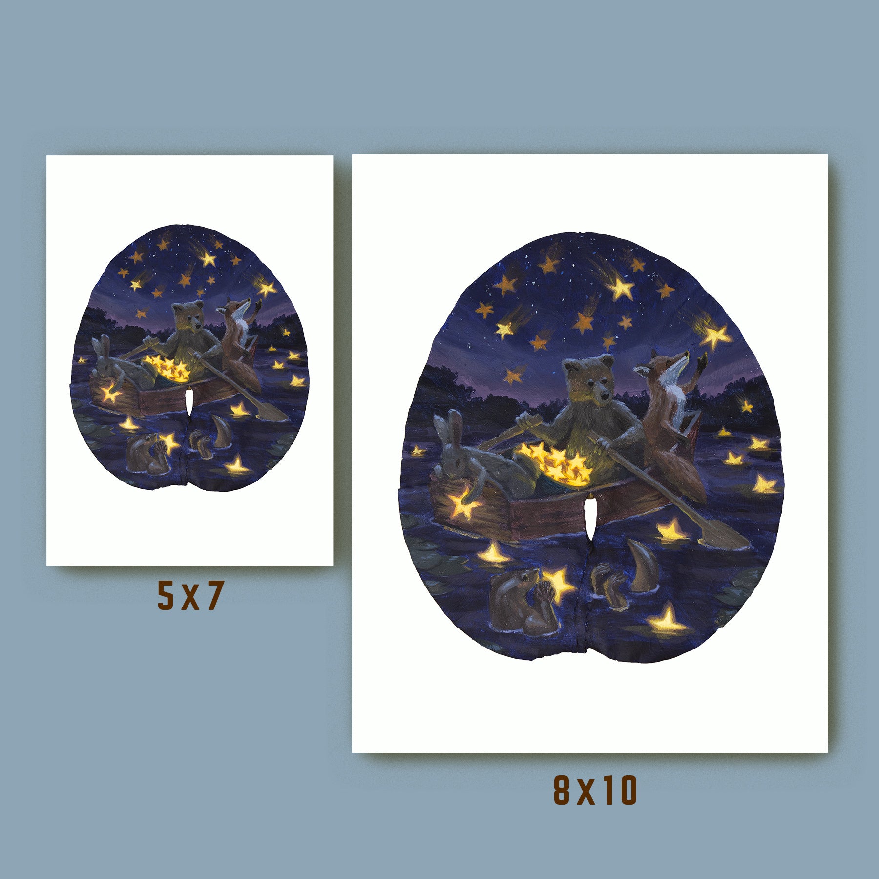 woodland animal art print size comparison 5x7 and 8x10